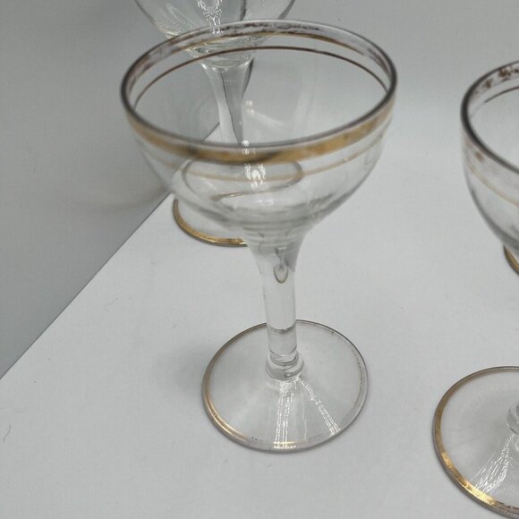 Vintage 60s MCM Glass Pitcher Brass Bottom With 6 Coupe Glasses W/ Gold Trim - Picture 9 of 9